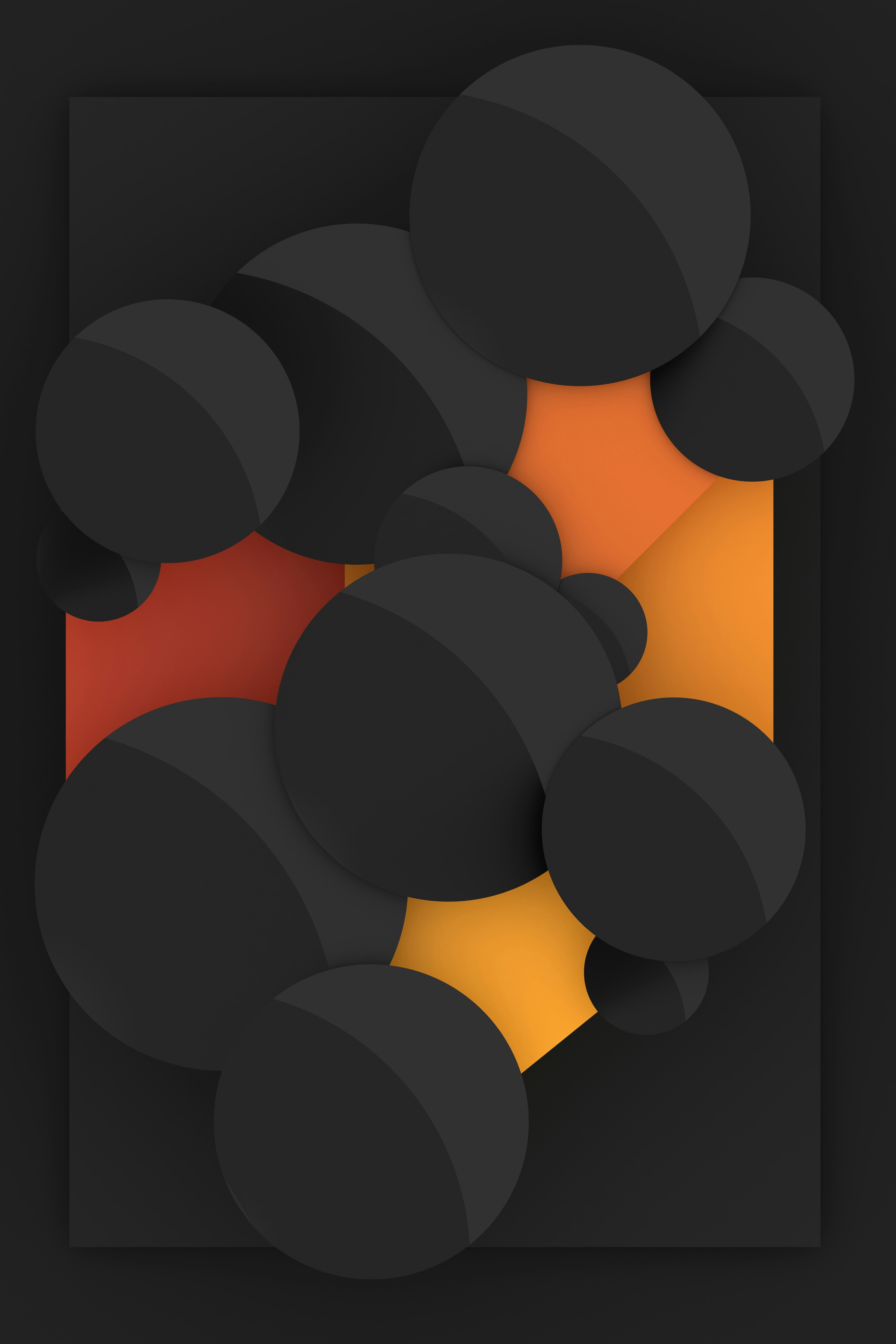 Black circles overlap on a geometric orange and red background.
