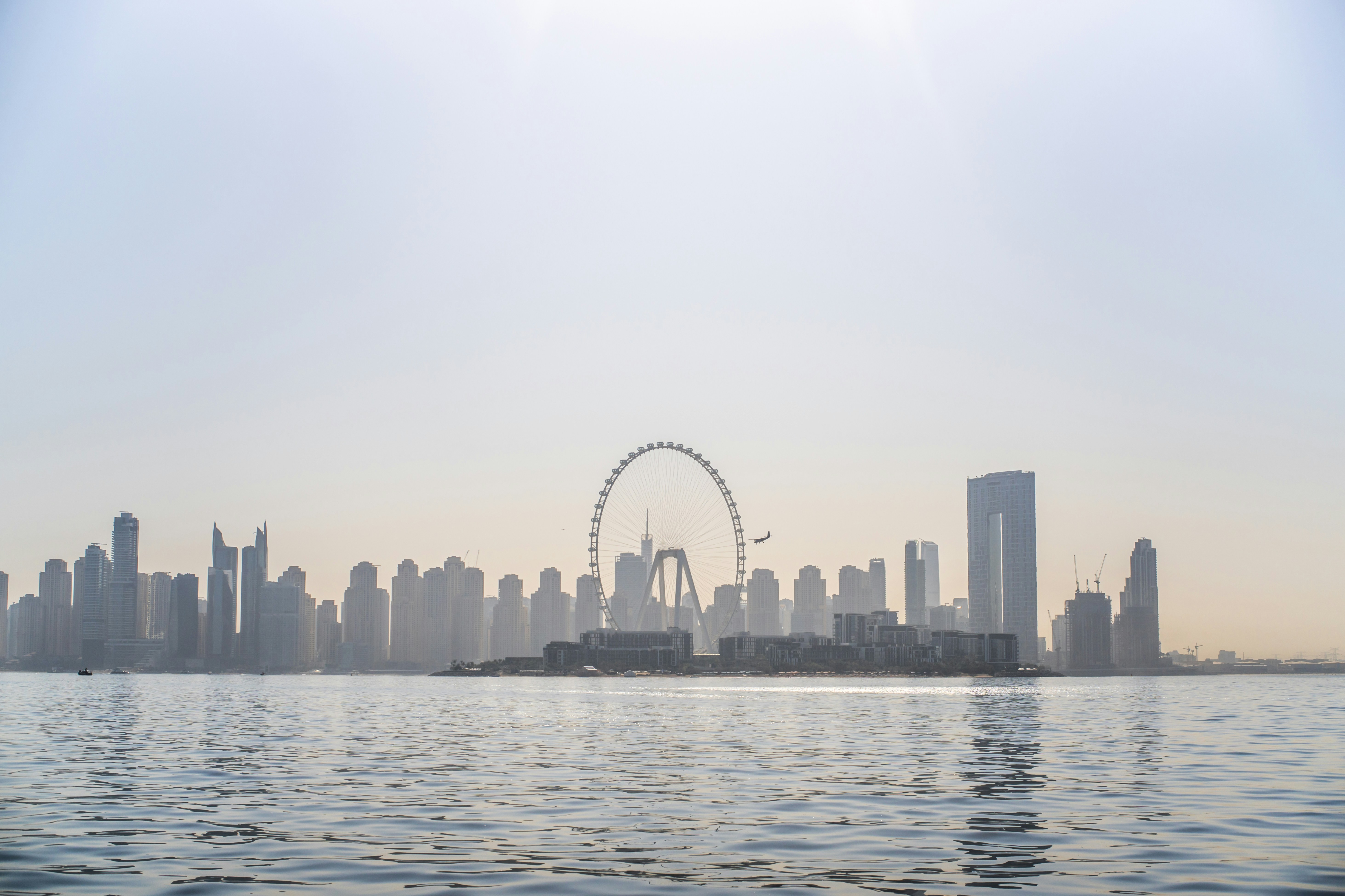 City skyline with tall buildings and a ferris wheel.