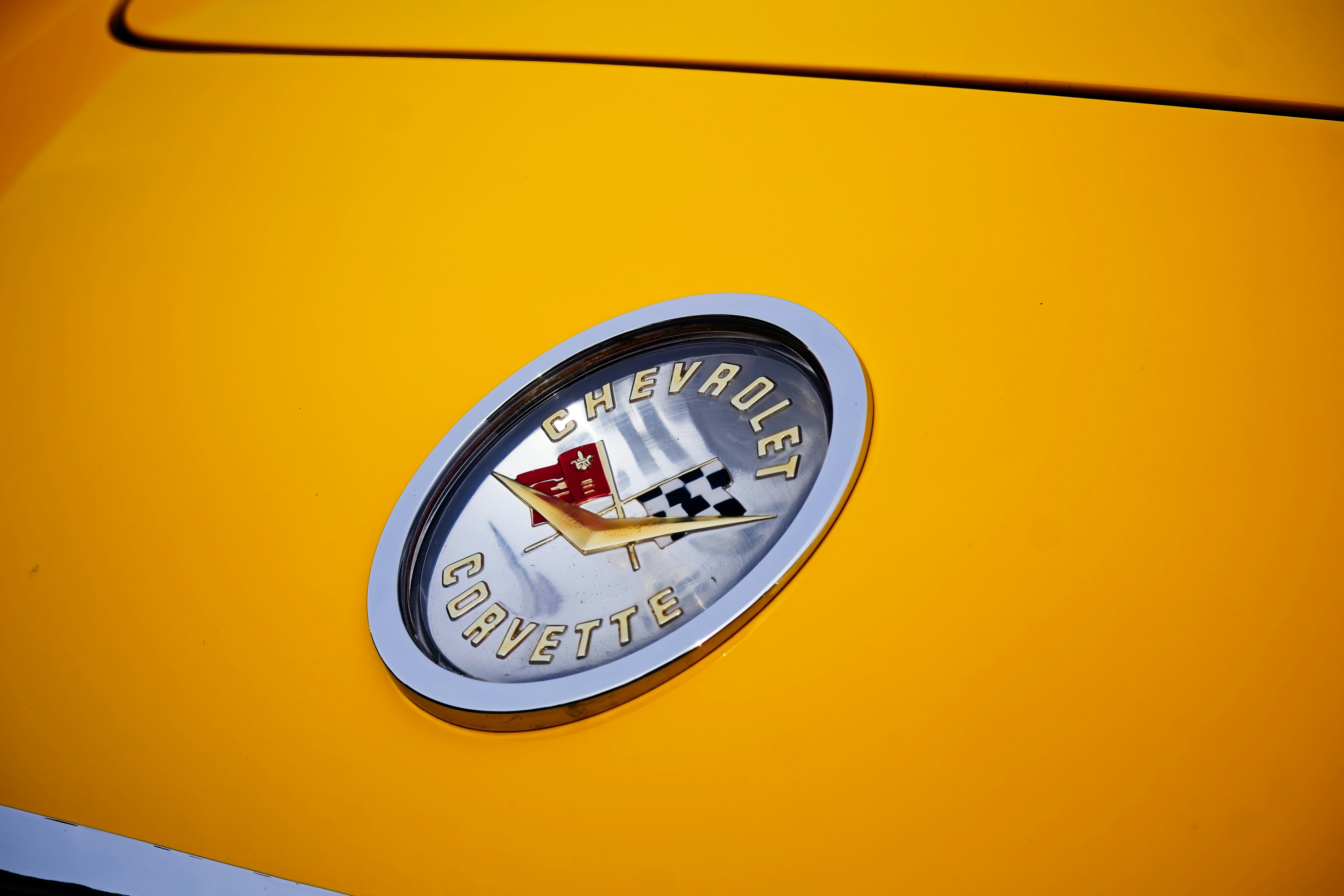 Emblema auto gialla con bandiere a scacchi