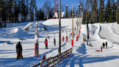 Ski resort with snow-covered slopes and trees