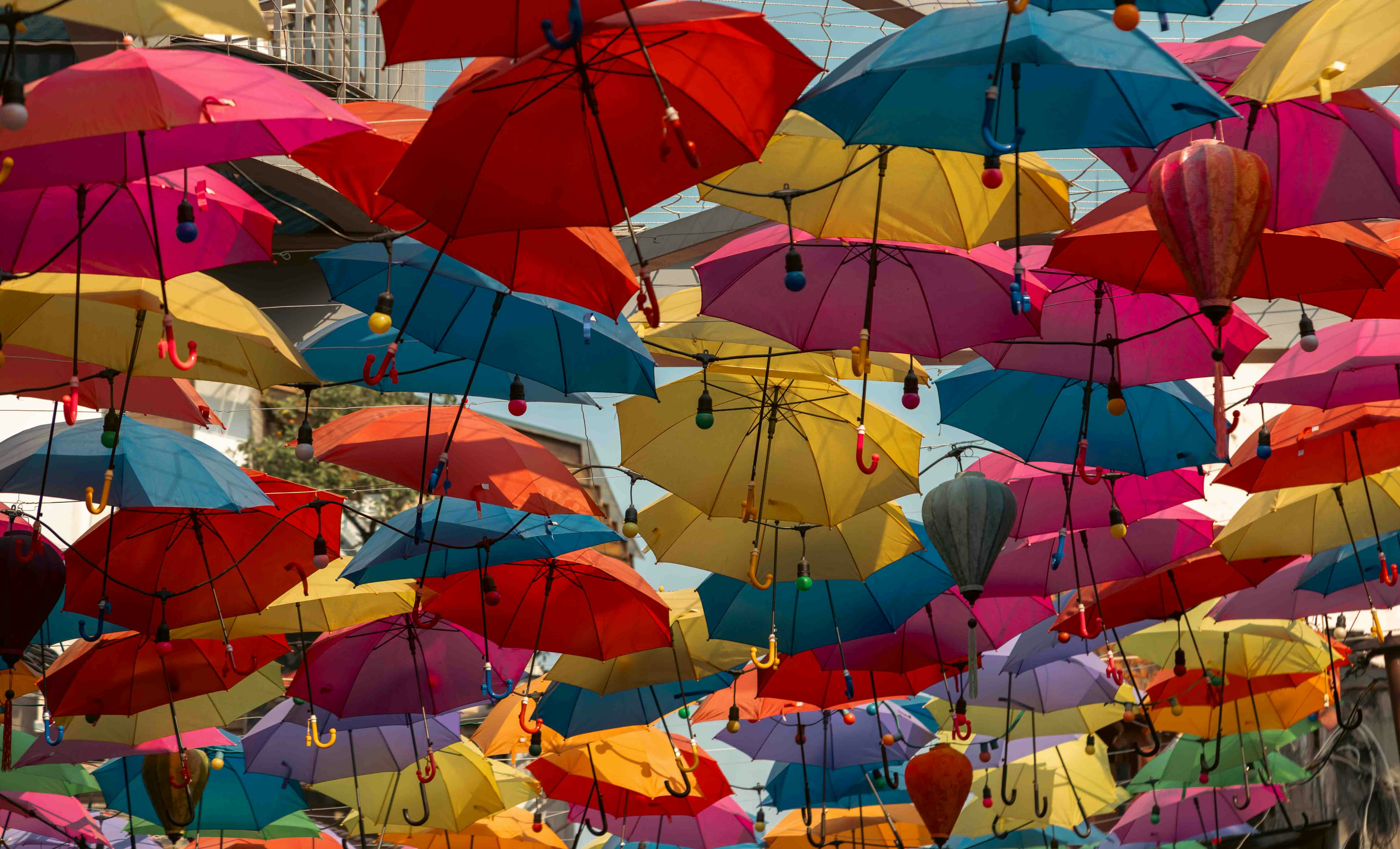 Colorful umbrellas suspended in the air