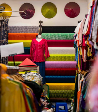 Colorful fabrics and clothing displayed in a shop