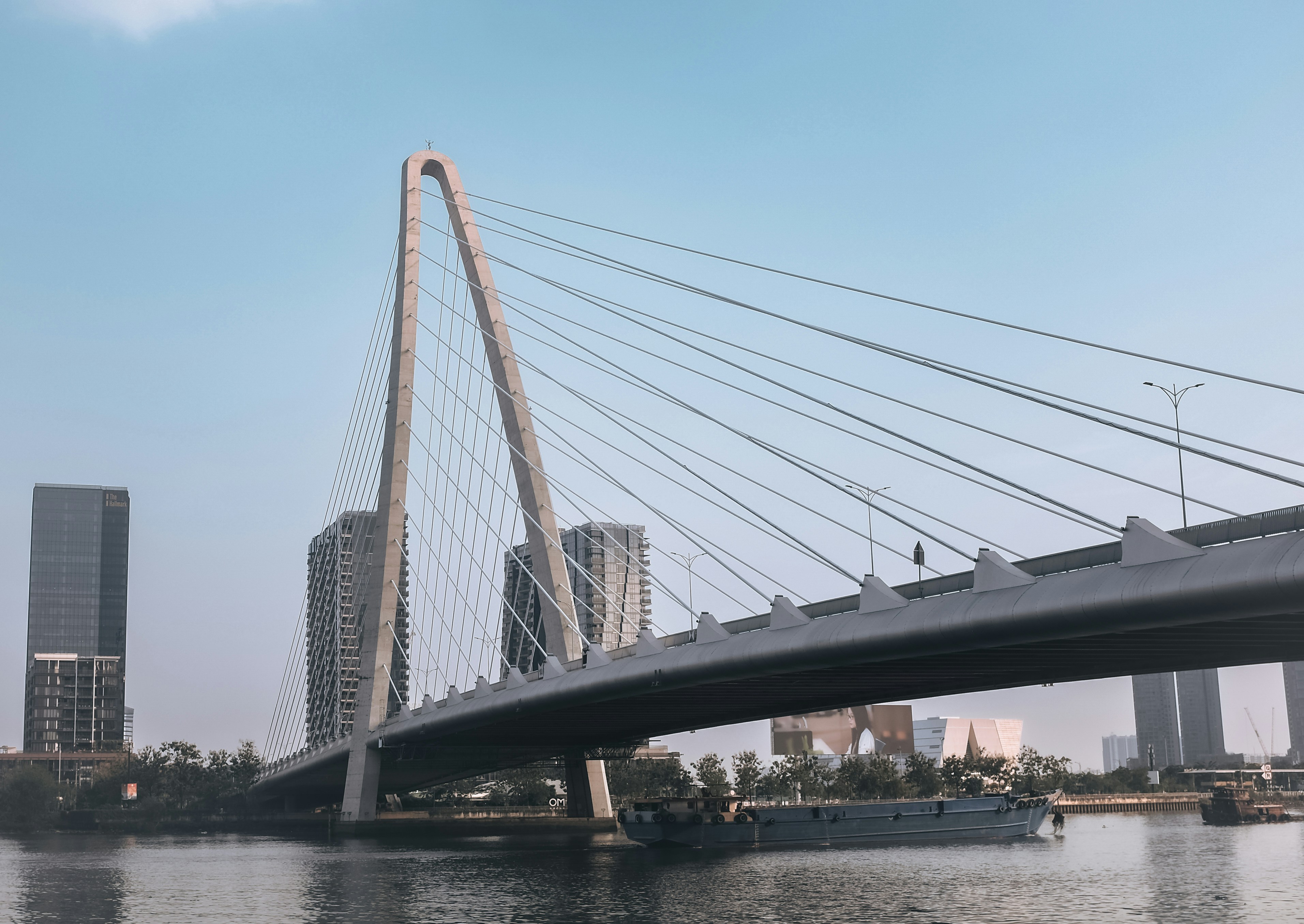 Cable-stayed bridge over a river with city buildings.