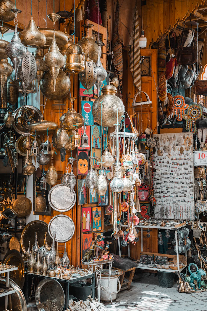 Ornate brass lanterns displayed in a shop