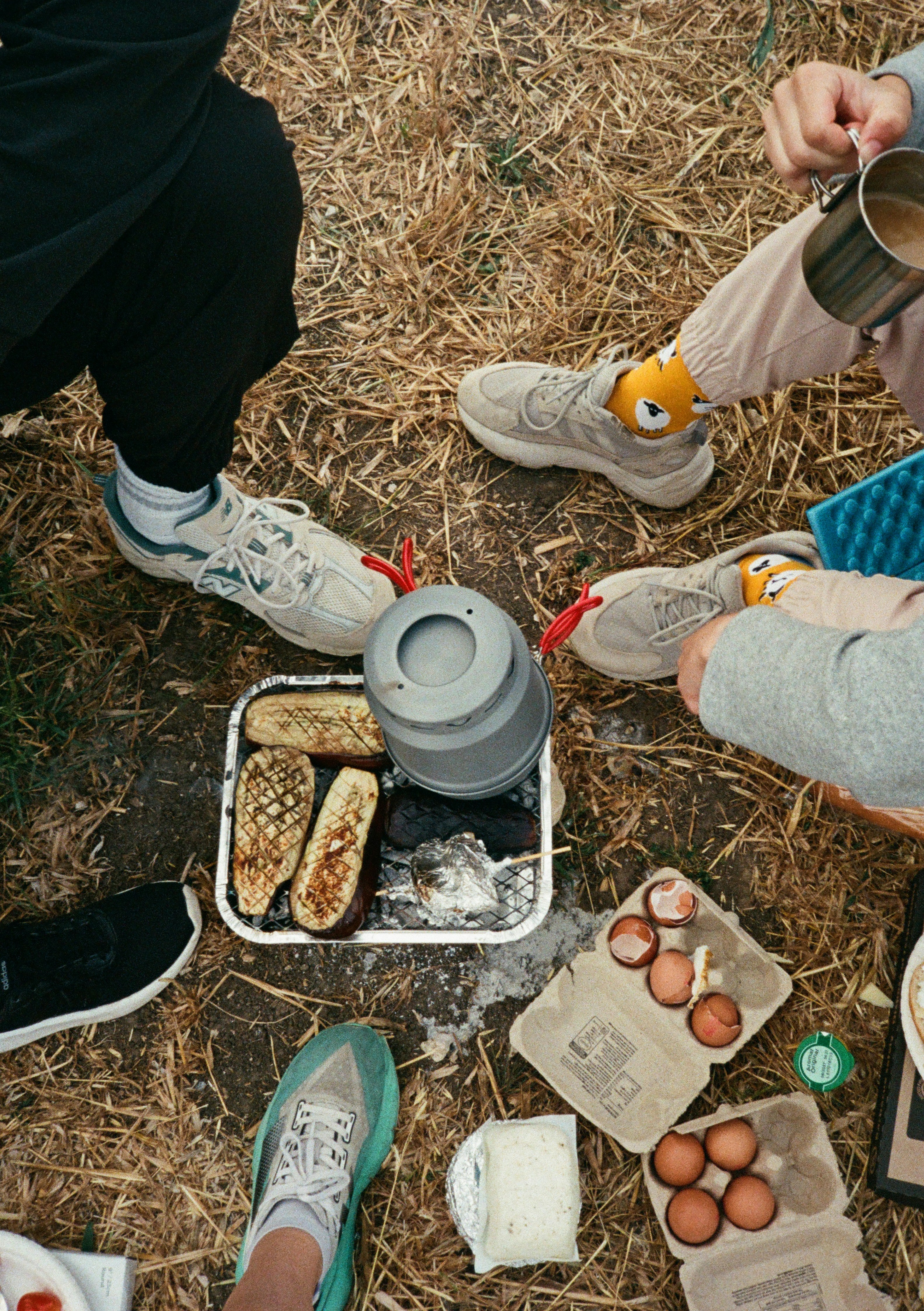 People having a picnic with grilled food and eggs