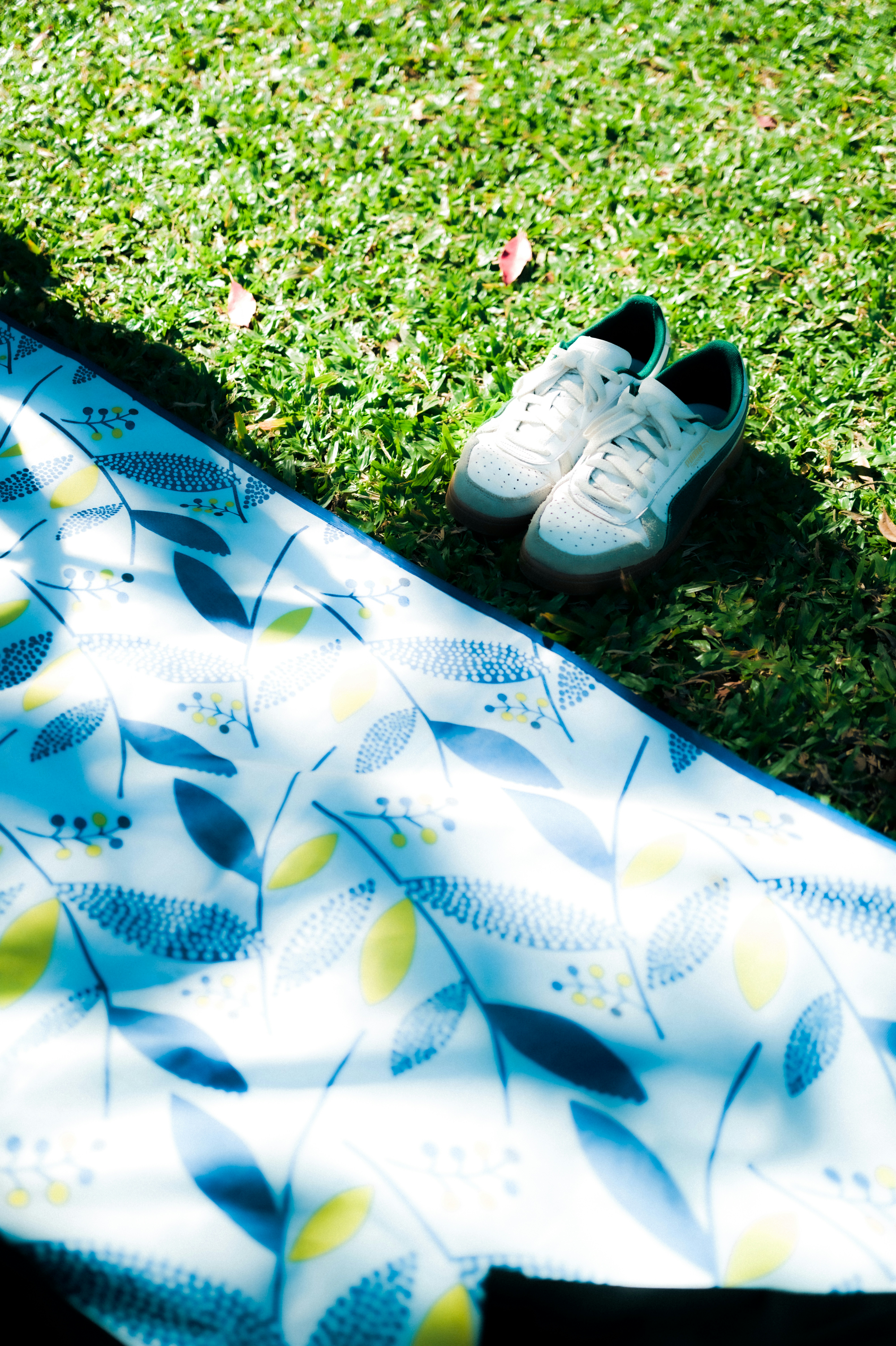 White sneakers resting on a patterned blanket outdoors