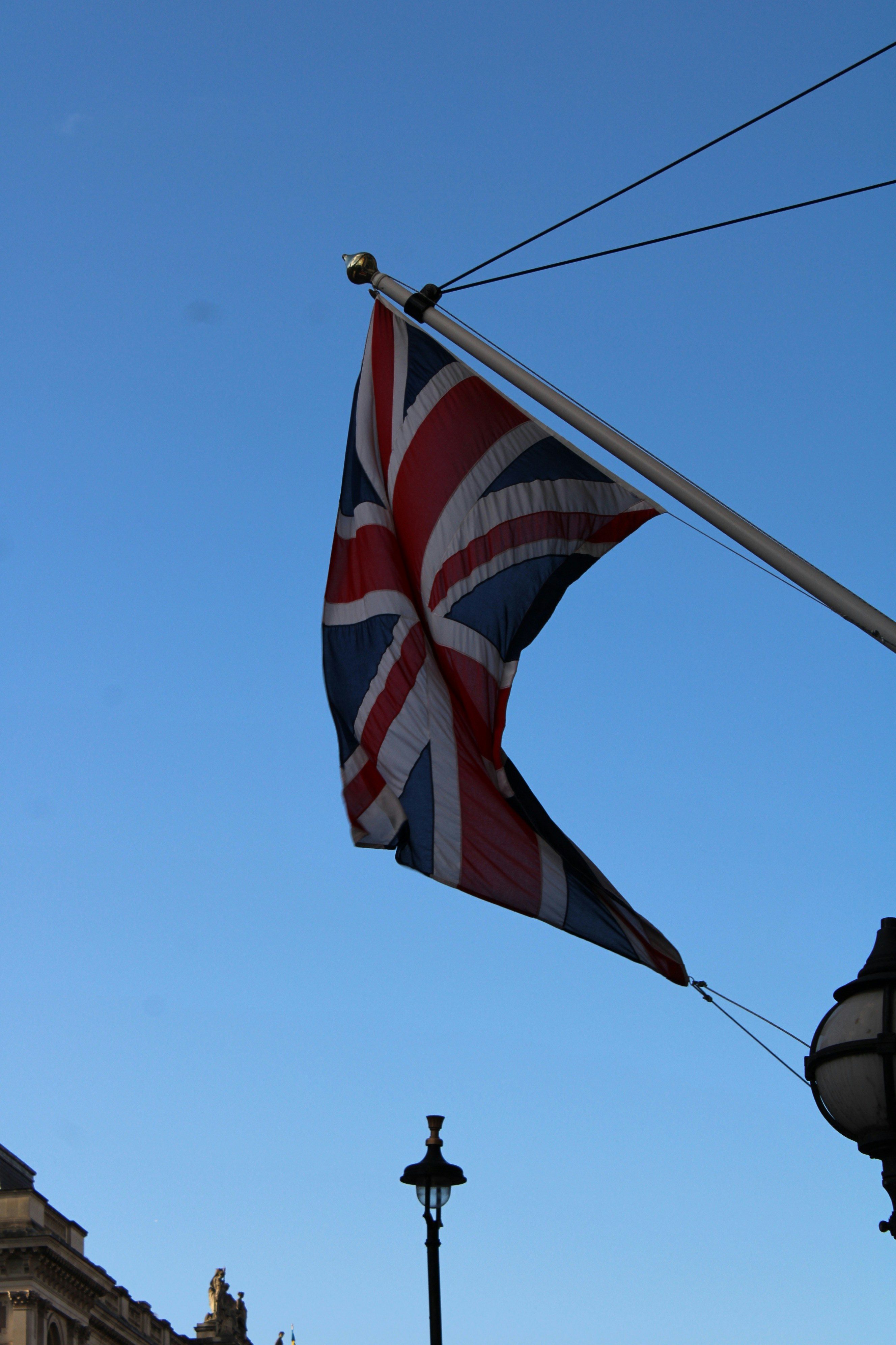Union jack flag waving against a clear blue sky