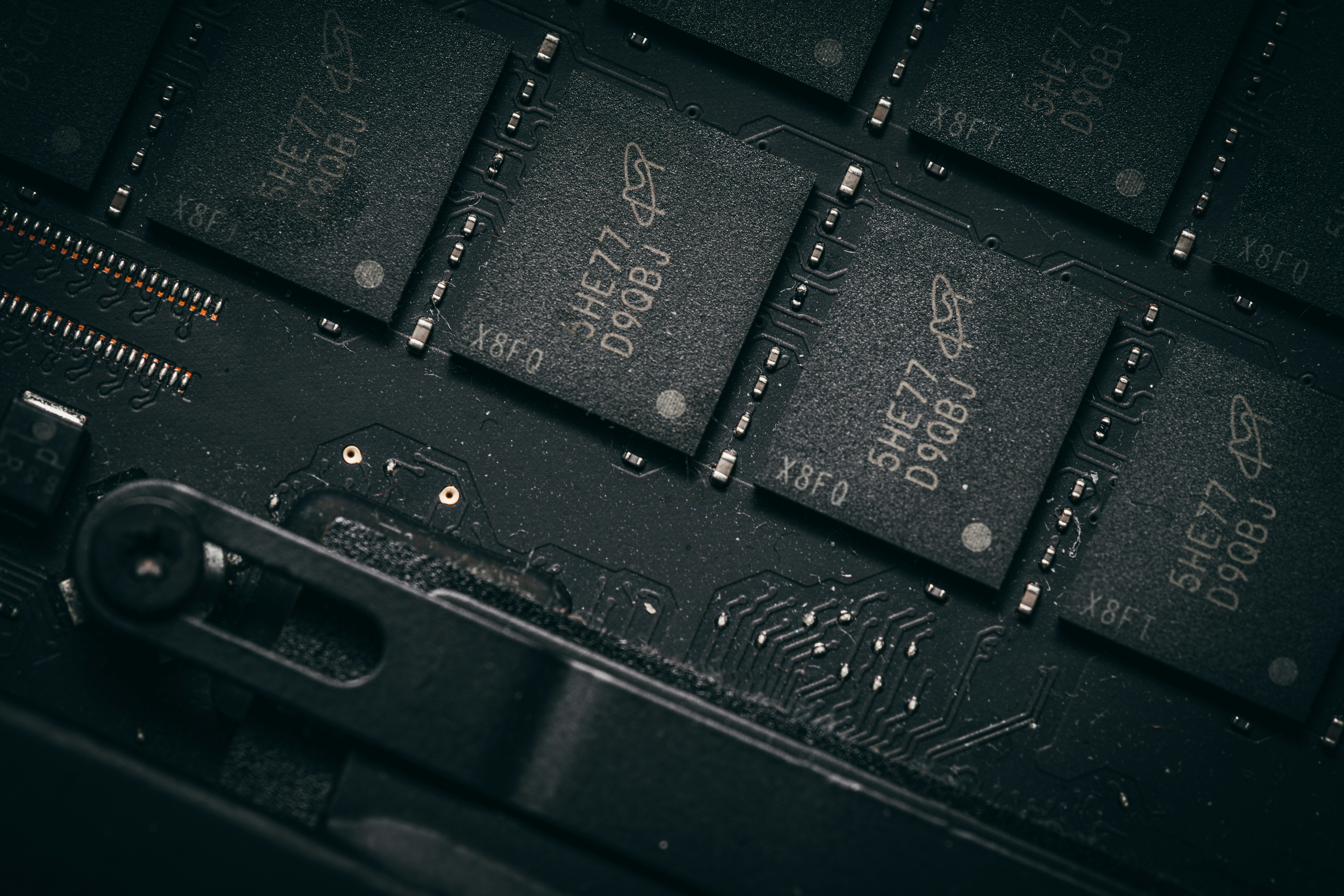 Close-up of computer memory chips on a circuit board