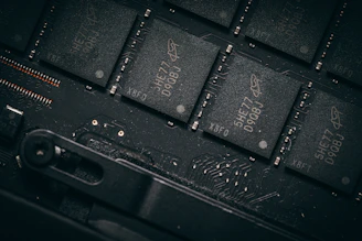 Close-up of computer memory chips on a circuit board