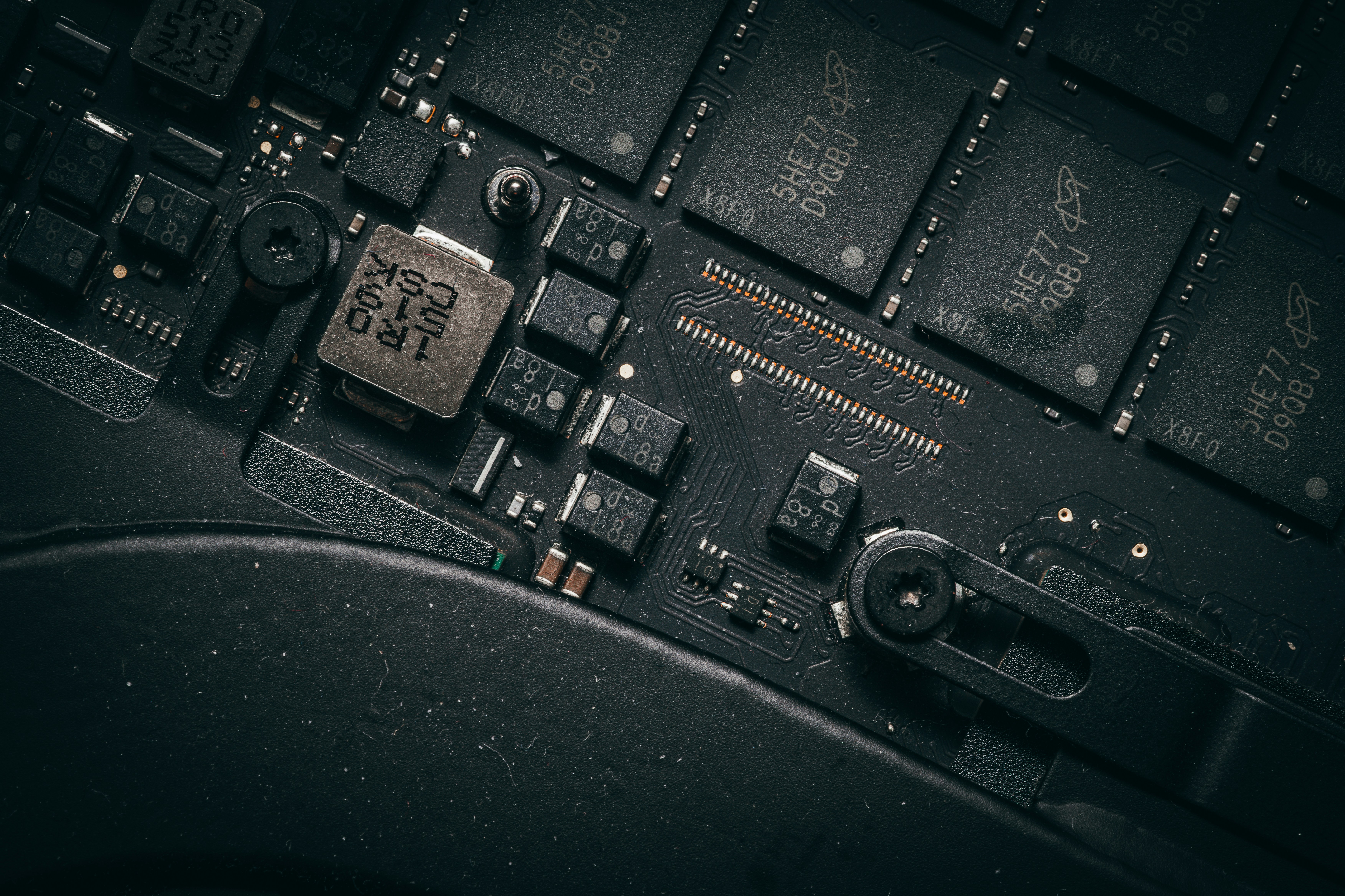 Close-up of a computer motherboard with many components.