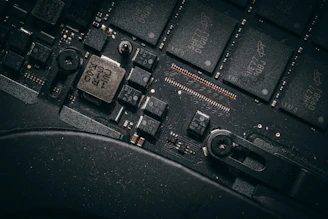 Close-up of a computer motherboard with many components.