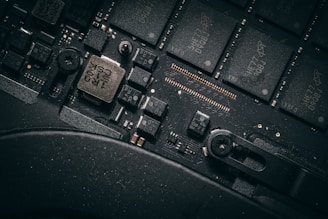 Close-up of a computer motherboard with many components.