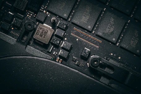 Close-up of a computer motherboard with many components.