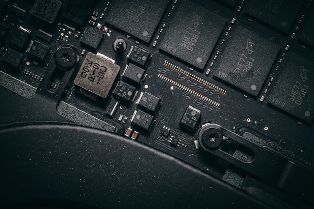 Close-up of a computer motherboard with many components.