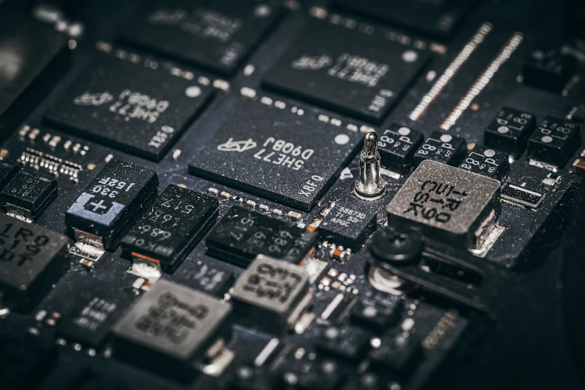 Close-up of an electronic circuit board with integrated circuits