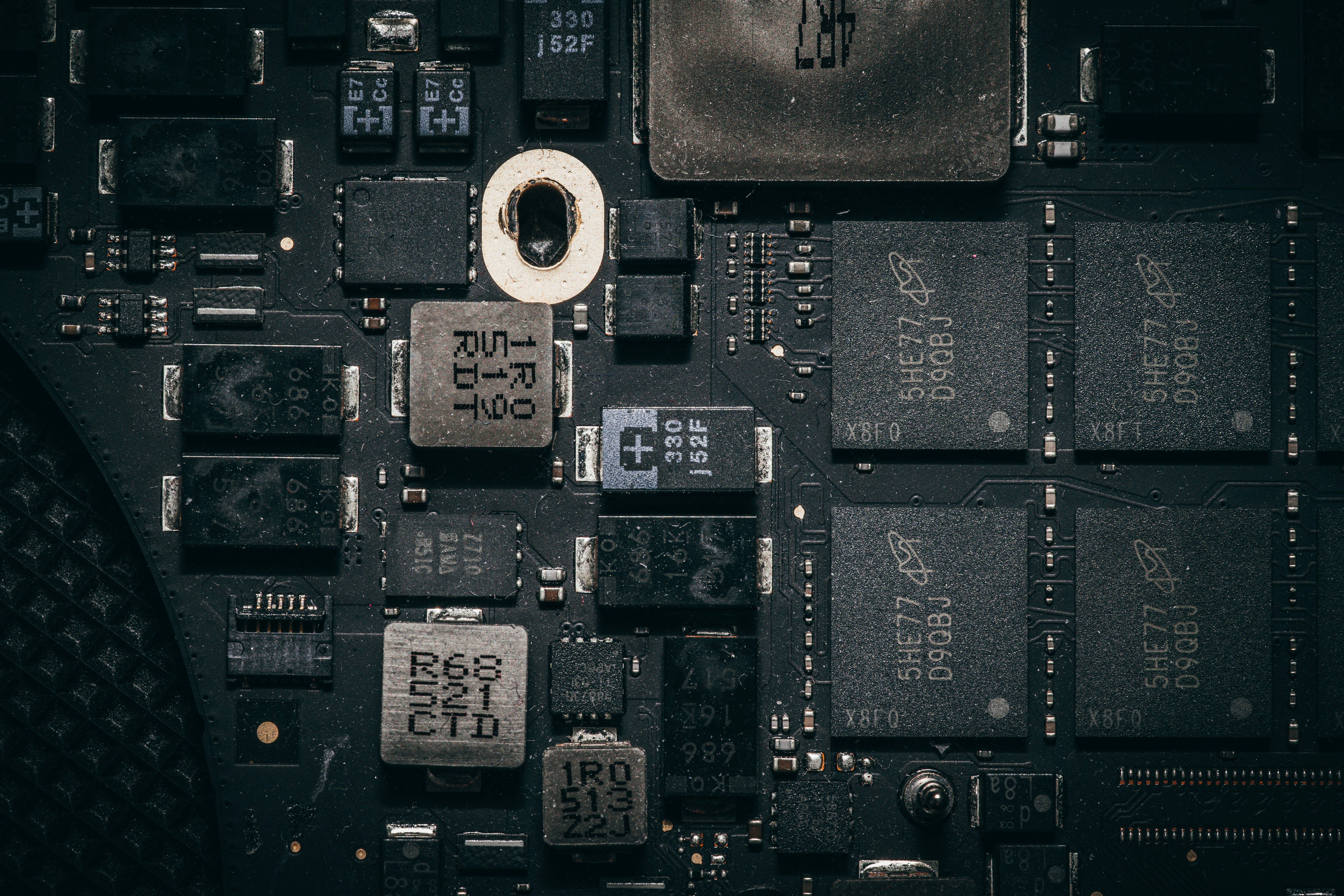 Close-up view of a complex electronic circuit board.