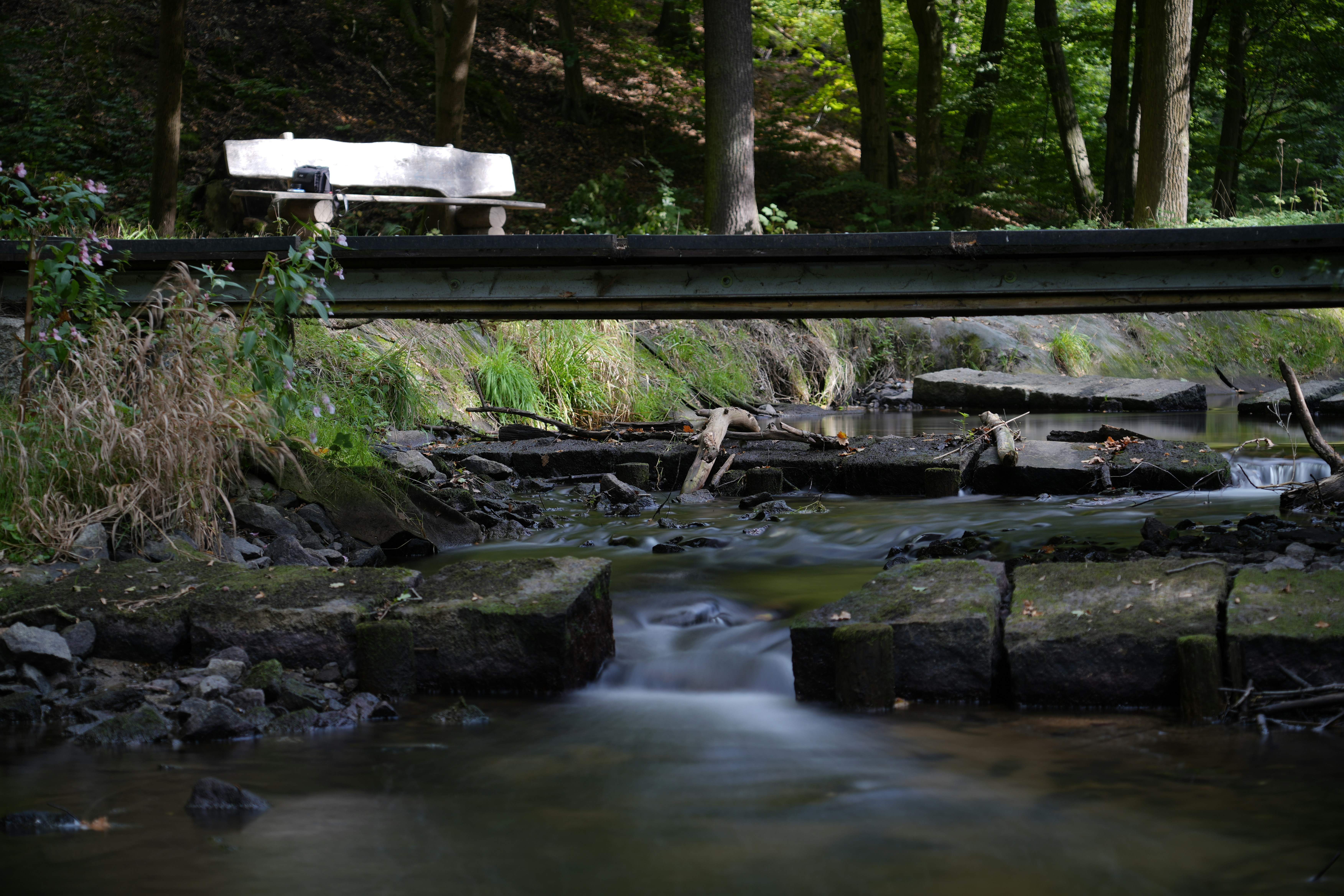 Small cascade flowing under a footbridge