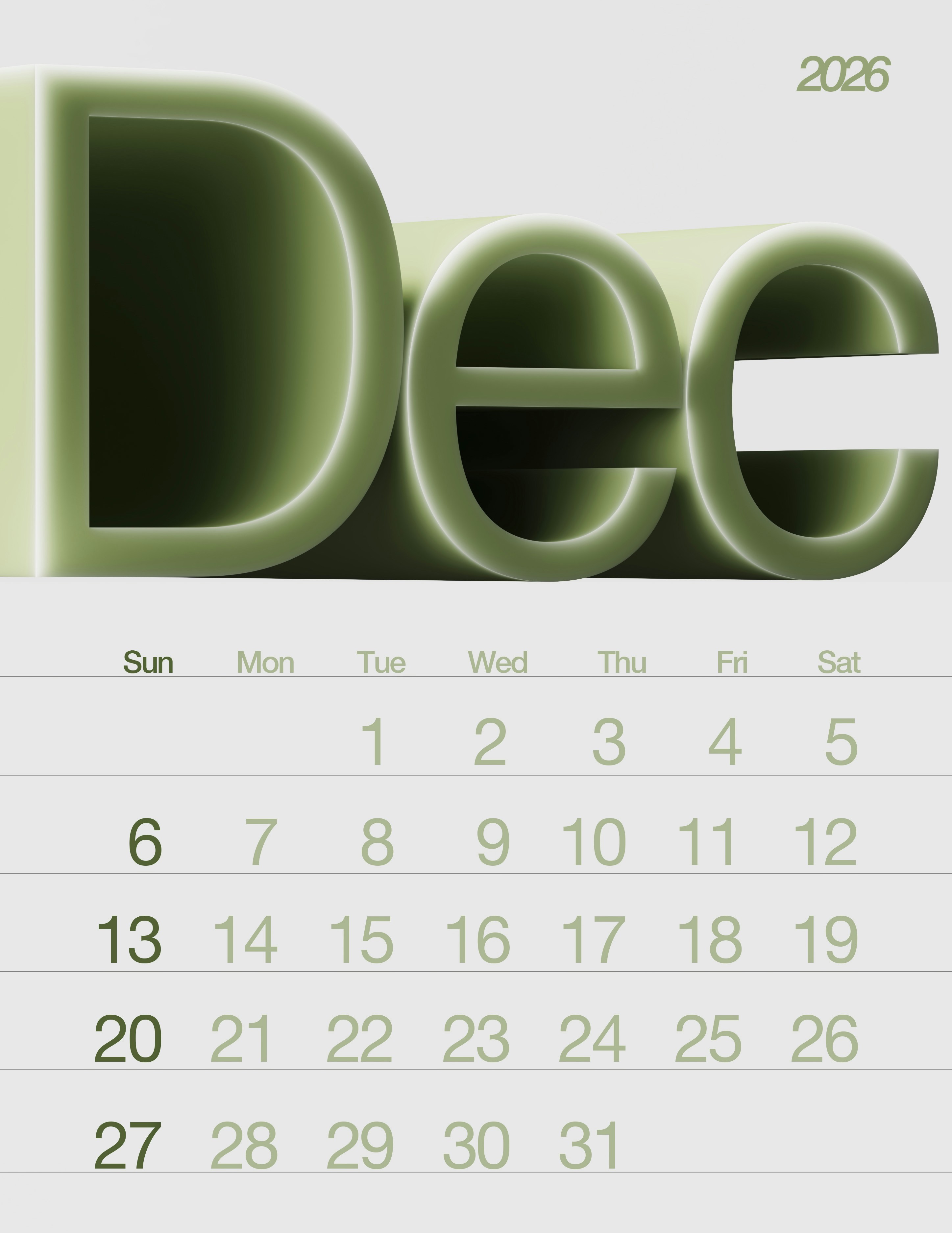 Calendario de diciembre de 2026 con texto 3D grande.