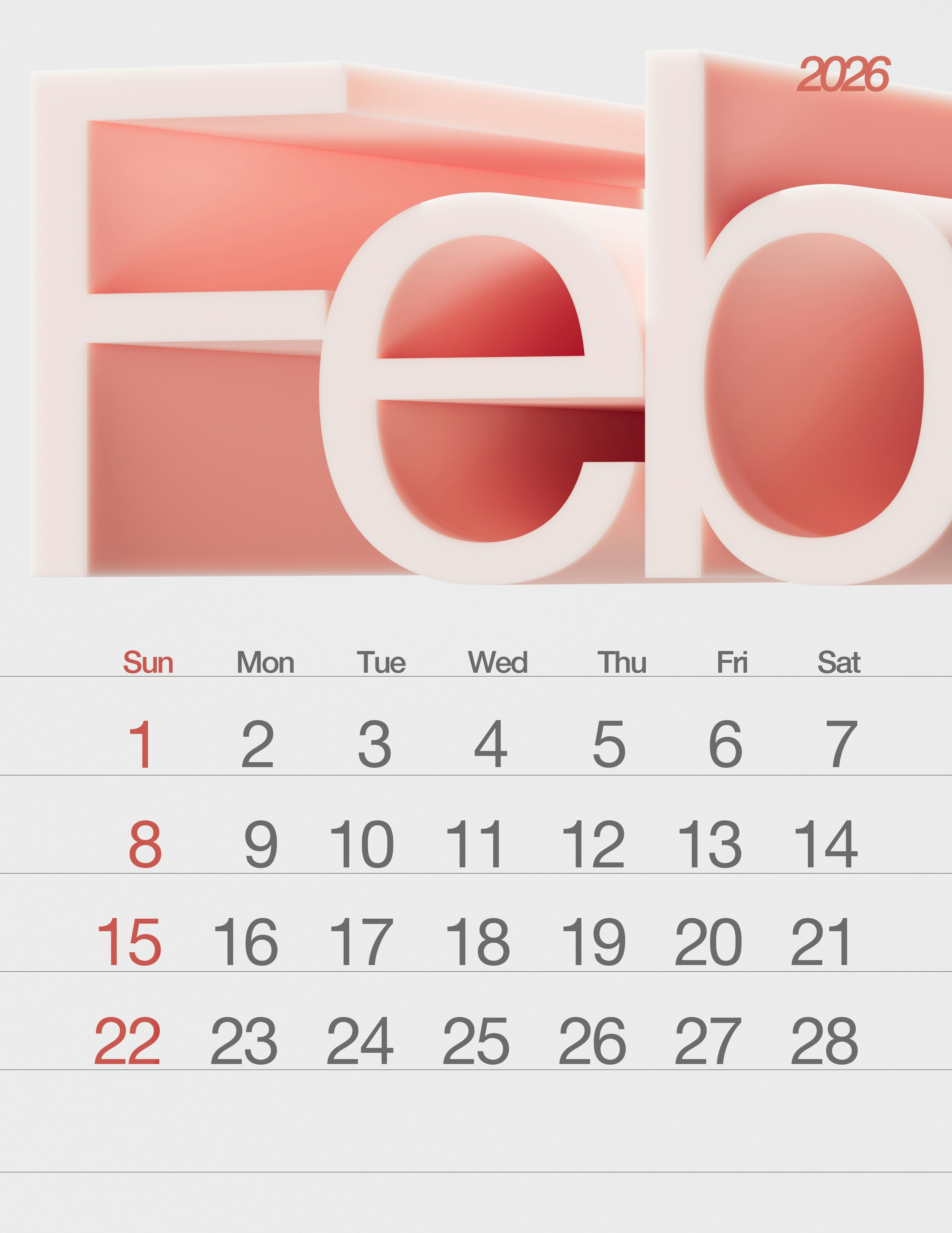 Calendario febbraio 2026 con lettere 3D
