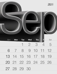September 2026 calendar with 3D text