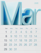March 2026 calendar with large blue 3D letters