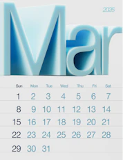 March 2026 calendar with large blue 3D letters
