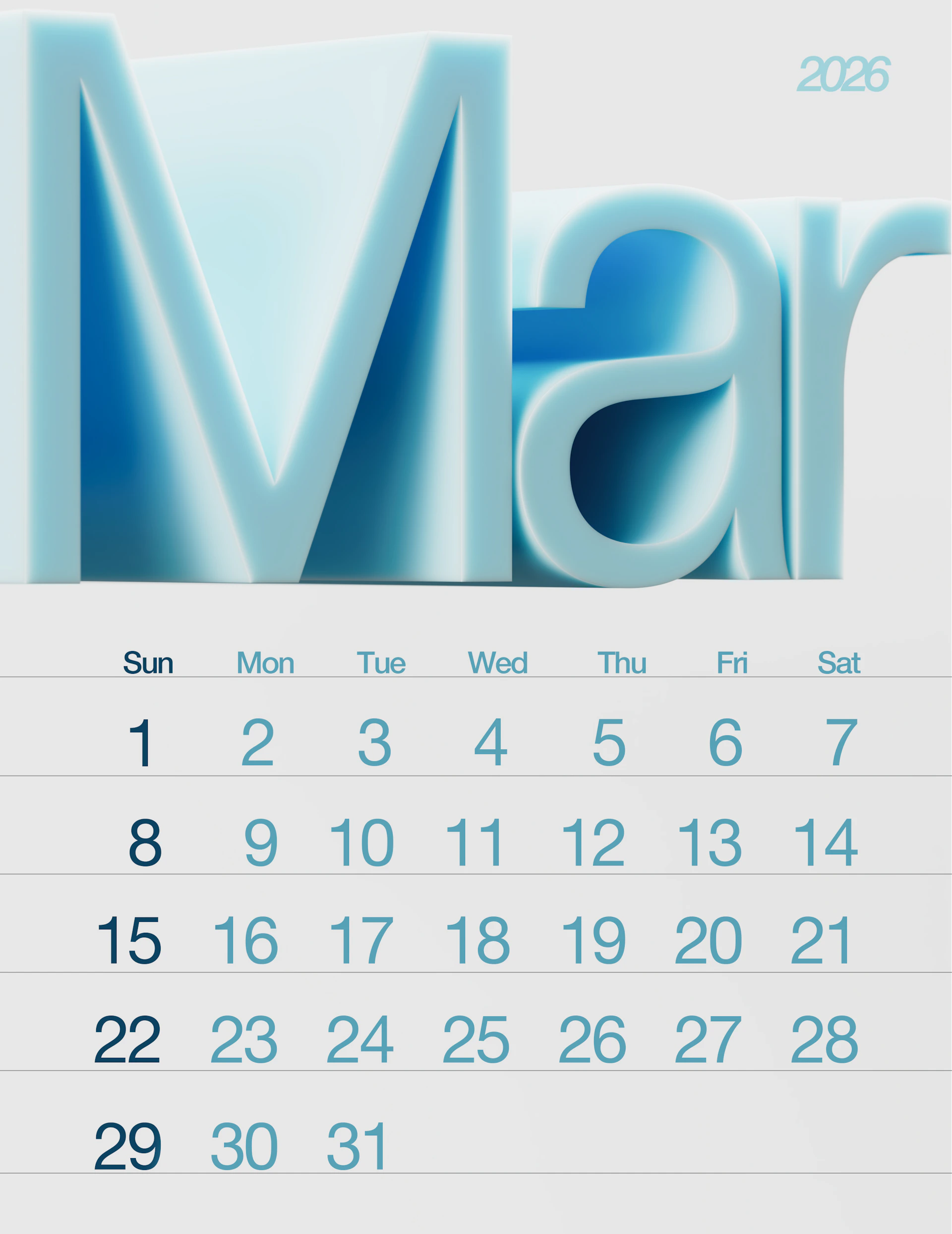 March 2026 calendar with large blue 3D letters