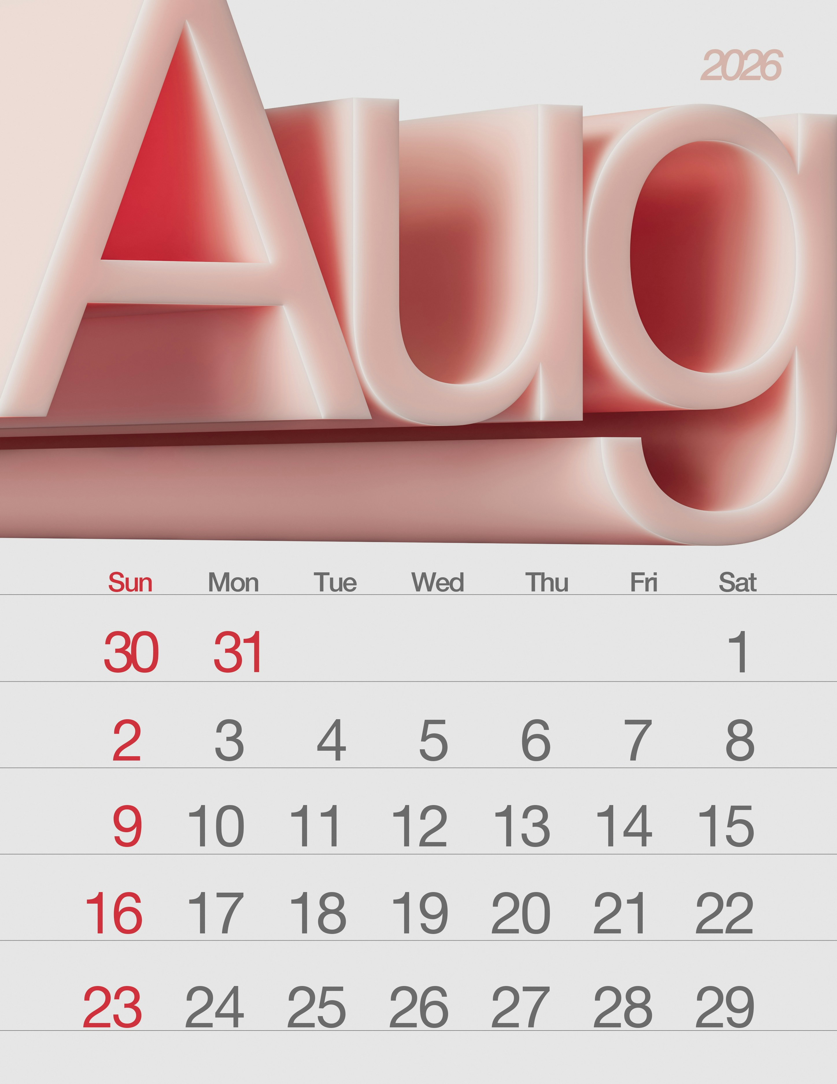 Calendário de agosto de 2026 com letras 3D grandes