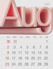 August 2026 calendar with large 3D letters