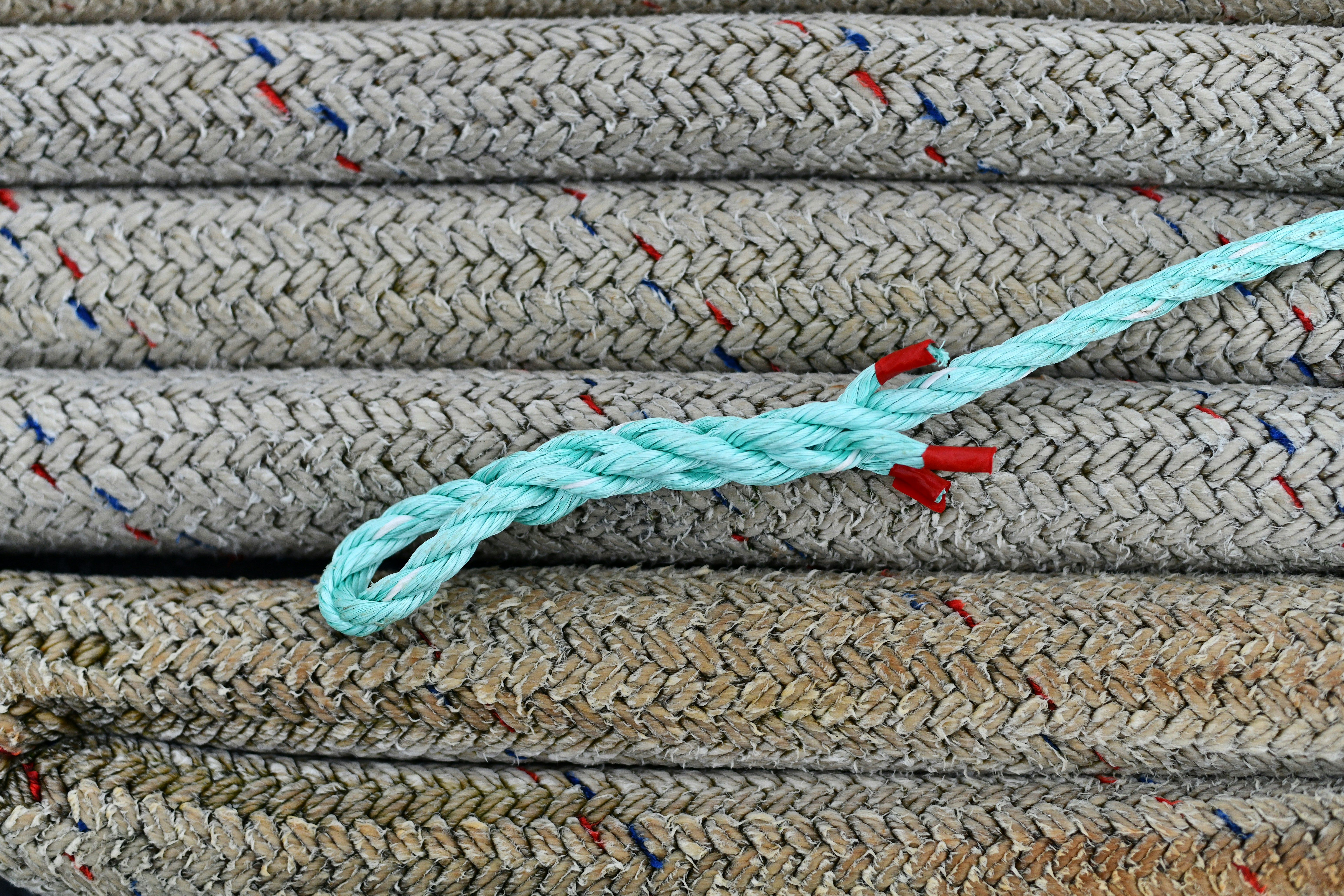 Primo piano di corda arrotogliata con un anello blu