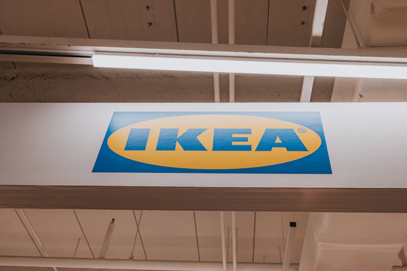 The ikea logo is displayed on a white beam.
