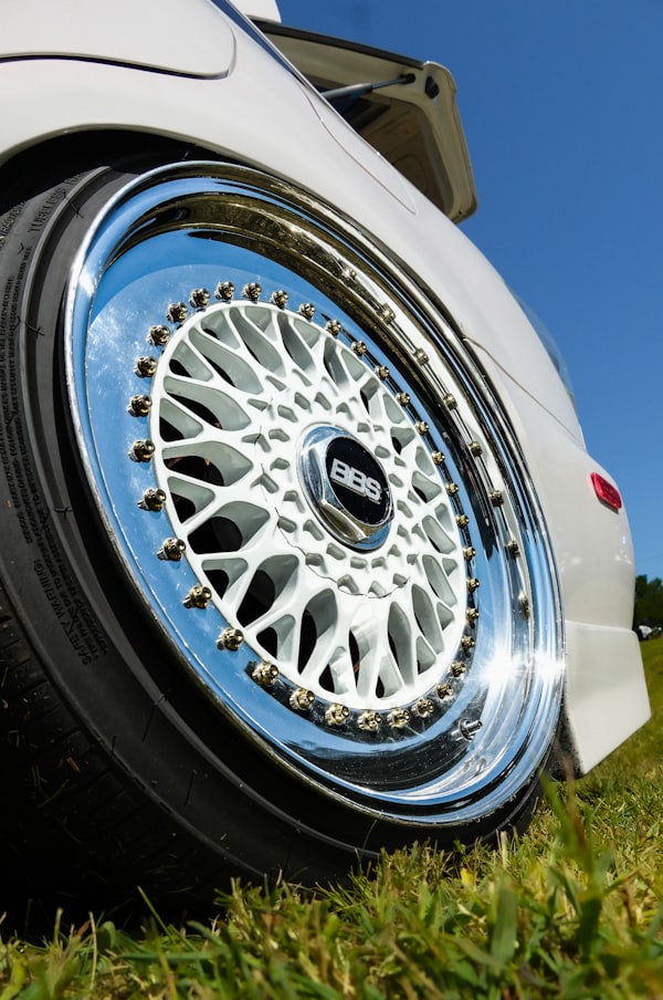 Chrome alloy car wheel close-up detail