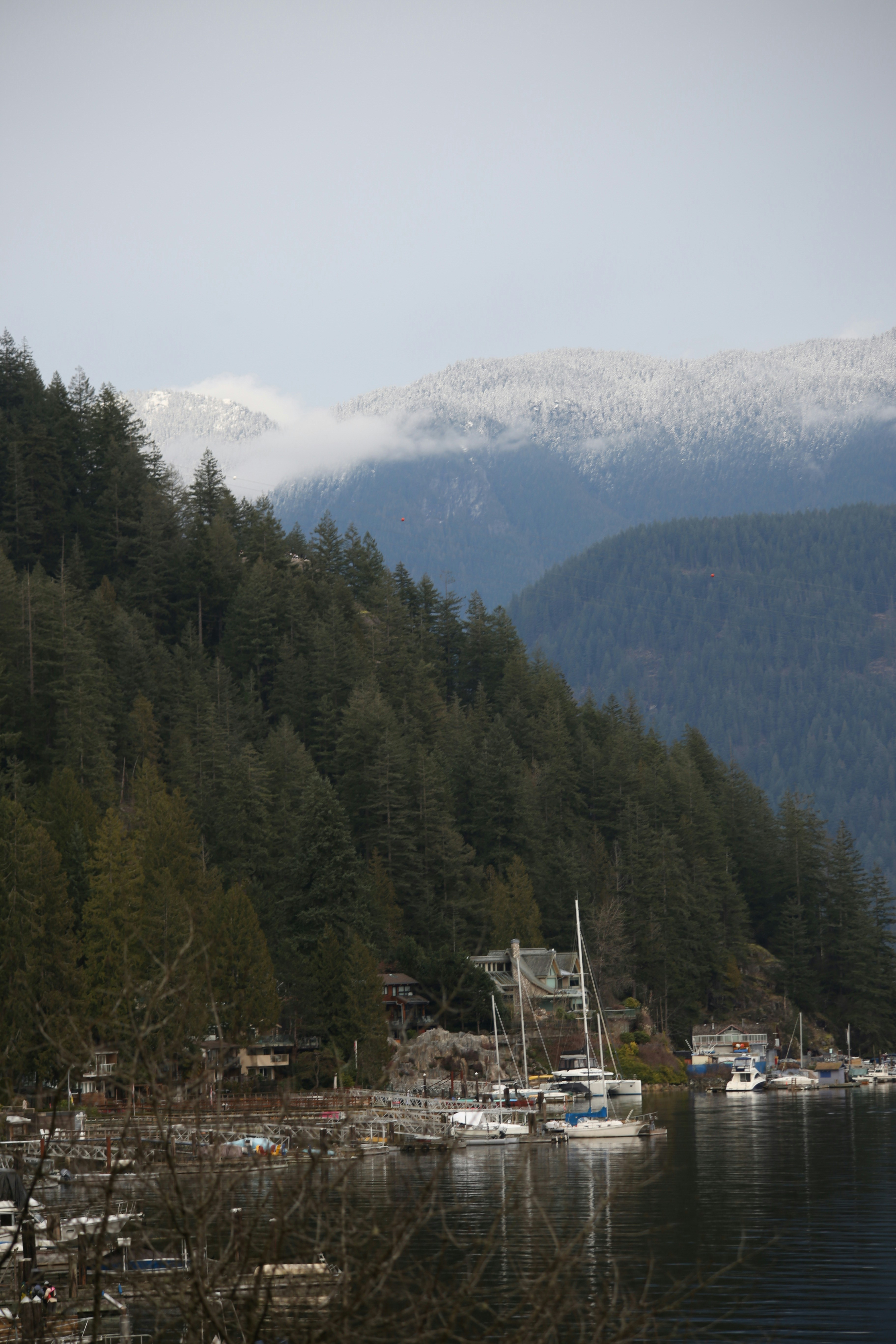 Snow-dusted mountains overlook a forested coastline with boats.