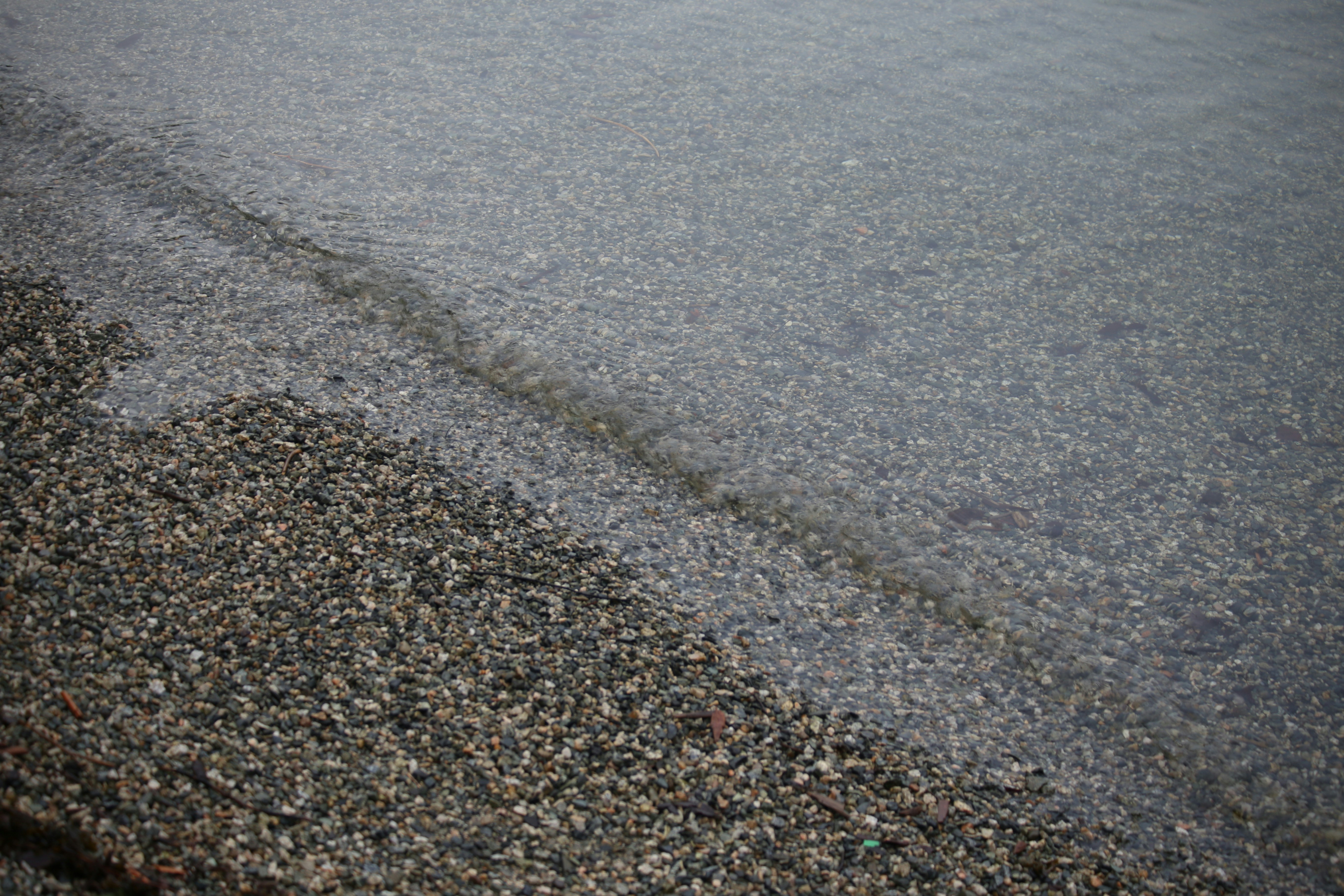 Small waves lap over a gravelly shore