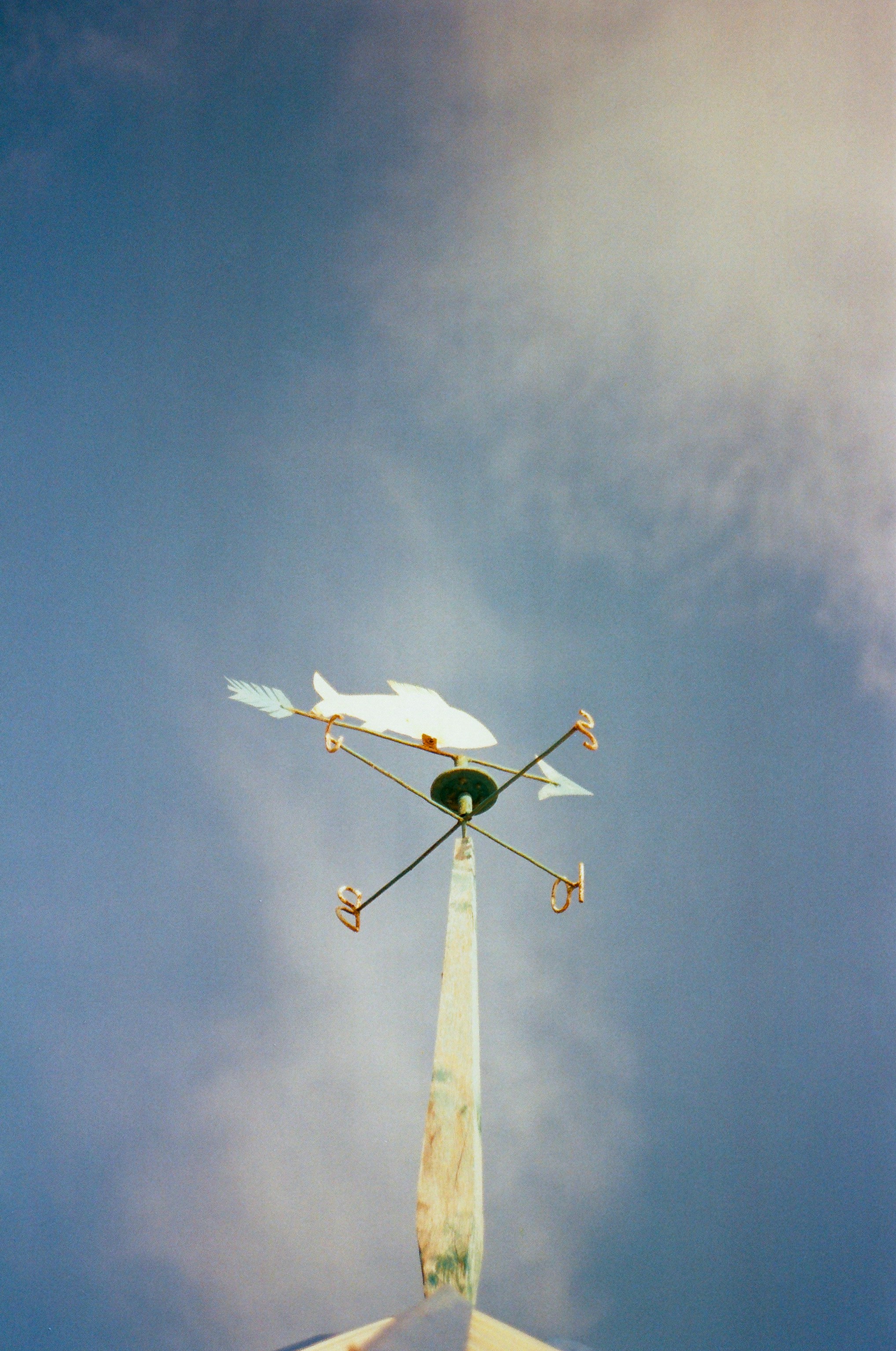 A fish shaped weather vane against a blue sky