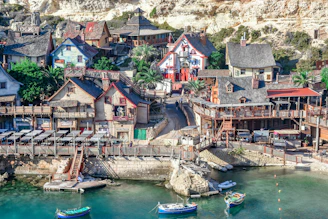 Colorful village with wooden houses by the water