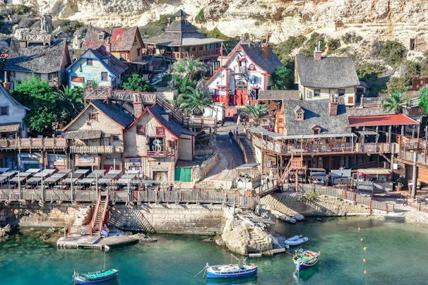 Colorful village with wooden houses by the water