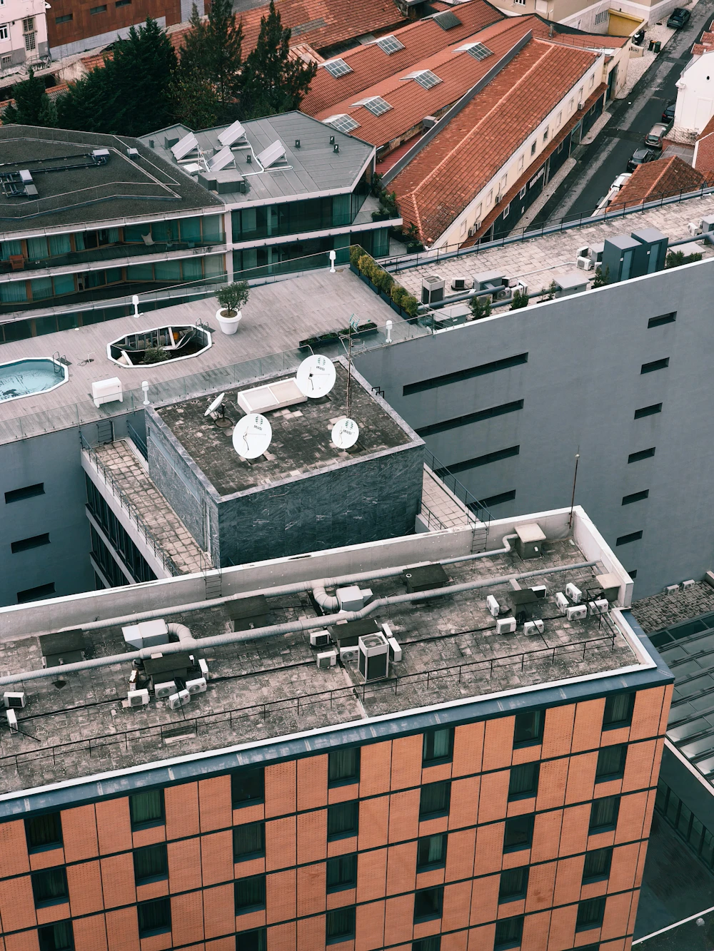 Rooftop view of a commercial flat roof with HVAC units