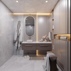 Modern bathroom with vanity, mirror, and robe.