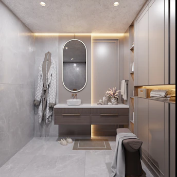 Modern bathroom with vanity, mirror, and robe