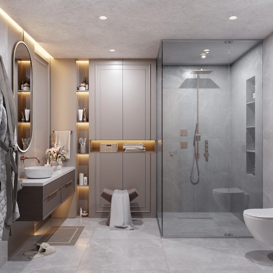 Salle de bain rénovée, douche vitrée et vanité moderne