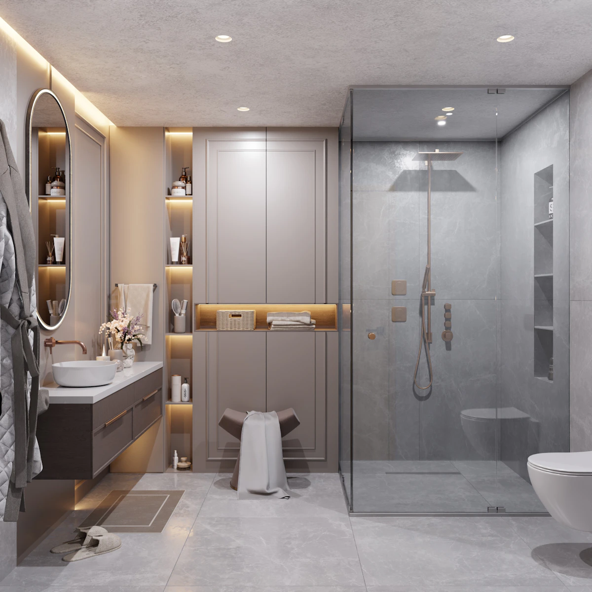 Bathroom design example with a glass shower and vanity