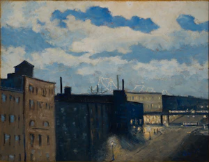 Buildings and a bridge under a cloudy sky