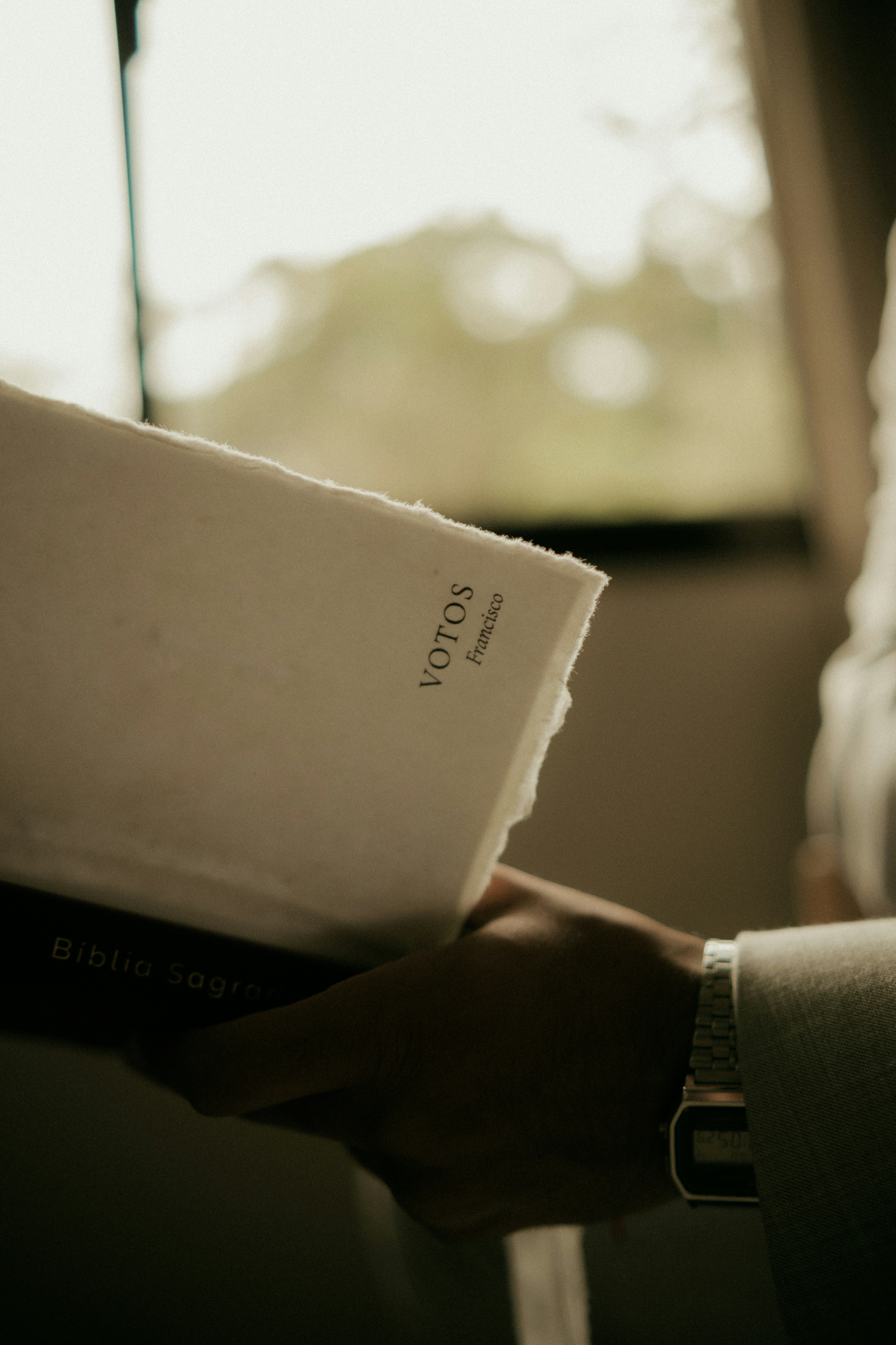 Person, die ein Buch mit Textvotos auf dem Einband hält.