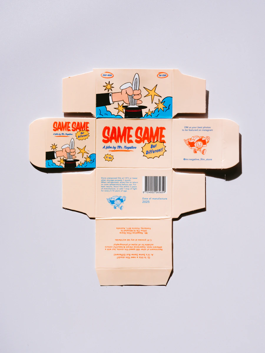 Unfolded product box with illustrated packaging design