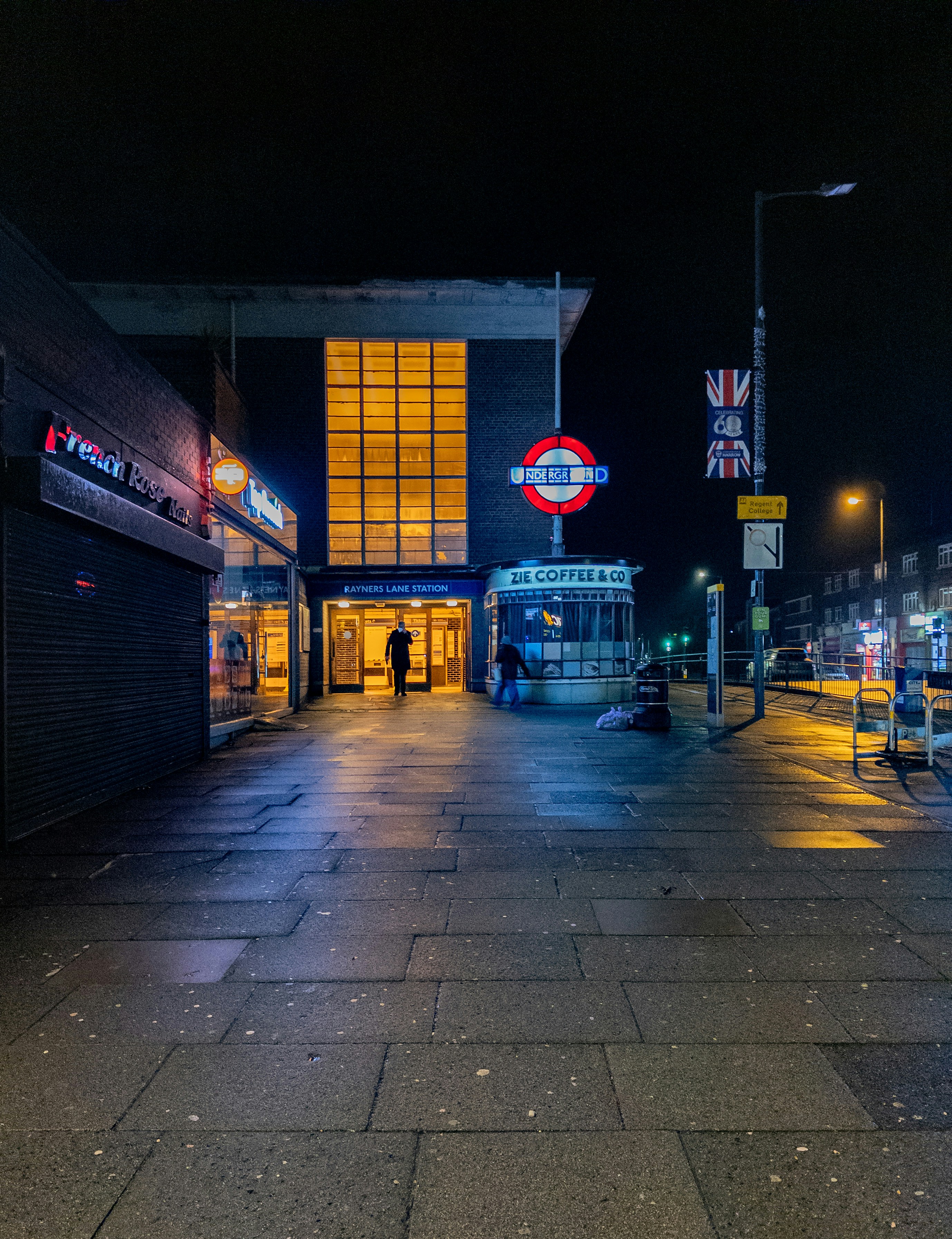 London underground station entrance at night