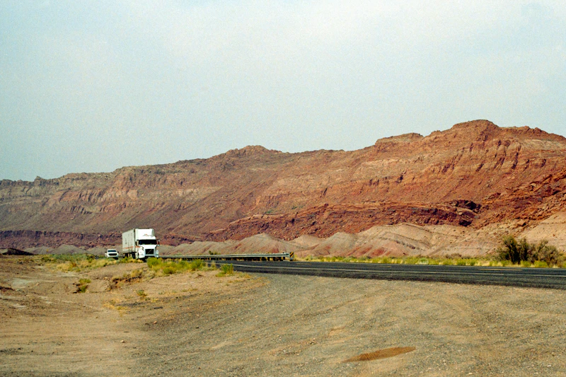 A heavy-haul truck on a remote highway during a route survey