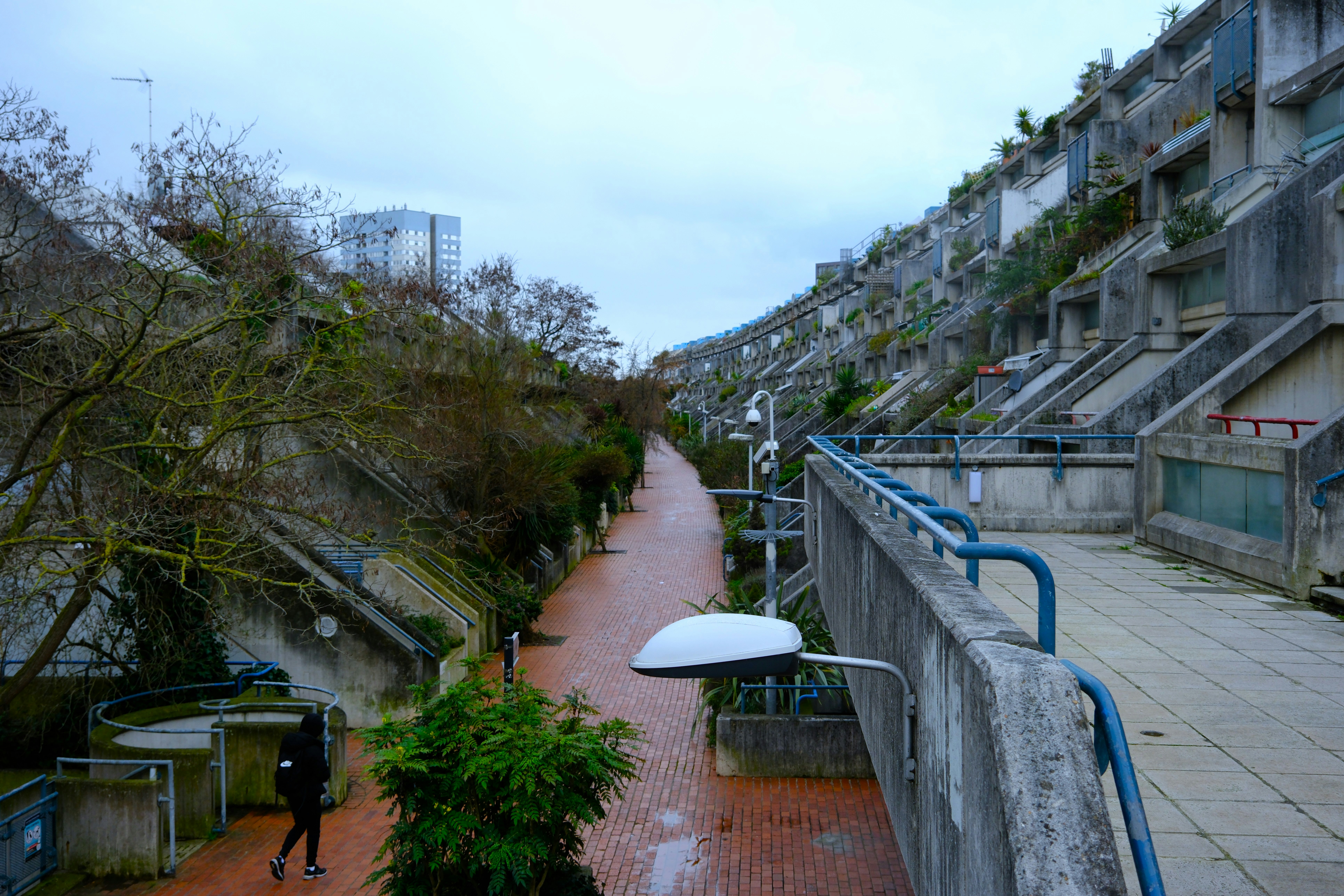 Concrete brutalist architecture with a walkway and trees.