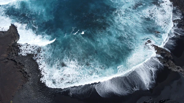 Olas rompiendo sobre una playa de arena oscura vista desde arriba