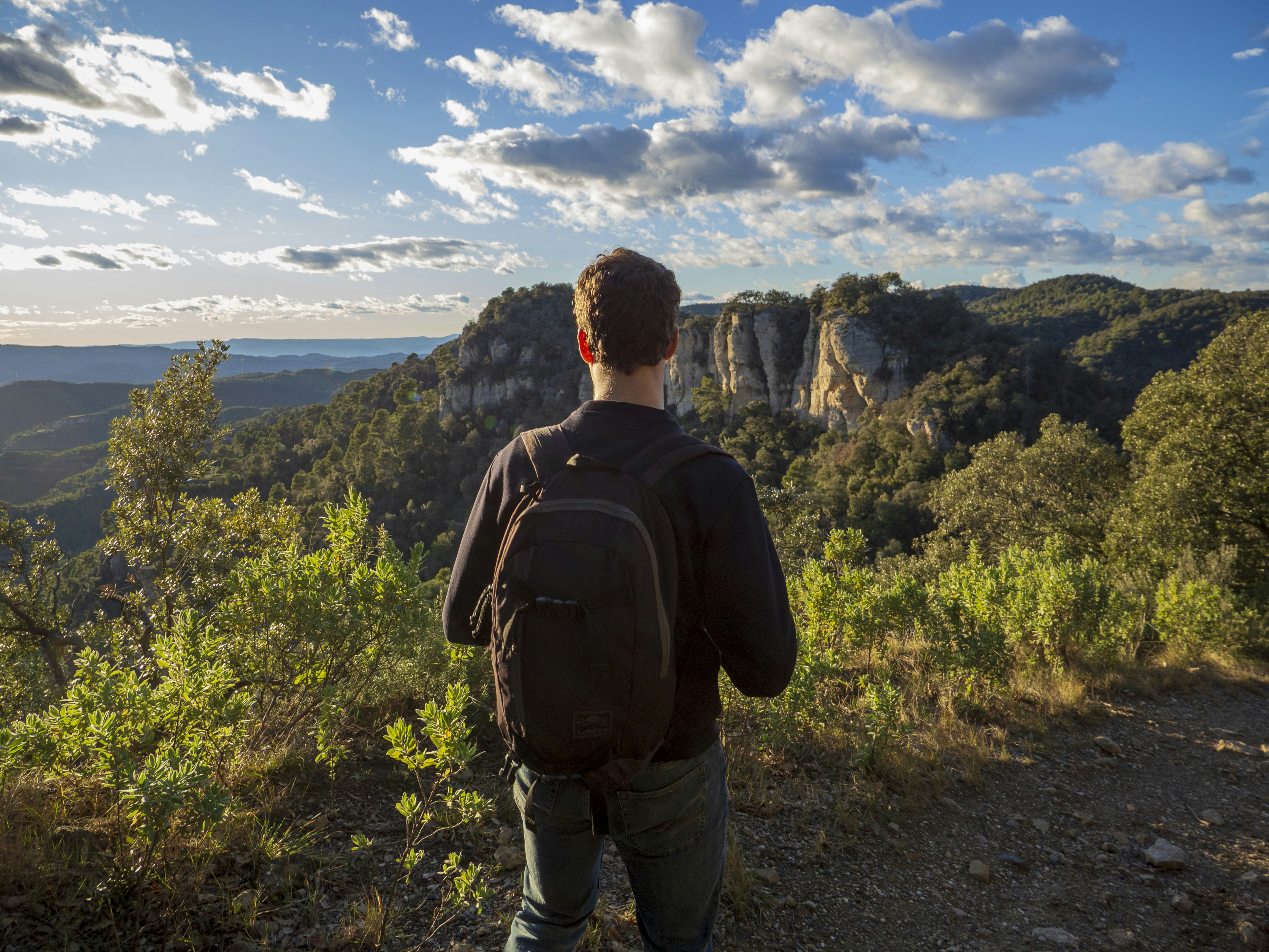 リュックを背負った男が山の風景を見ている